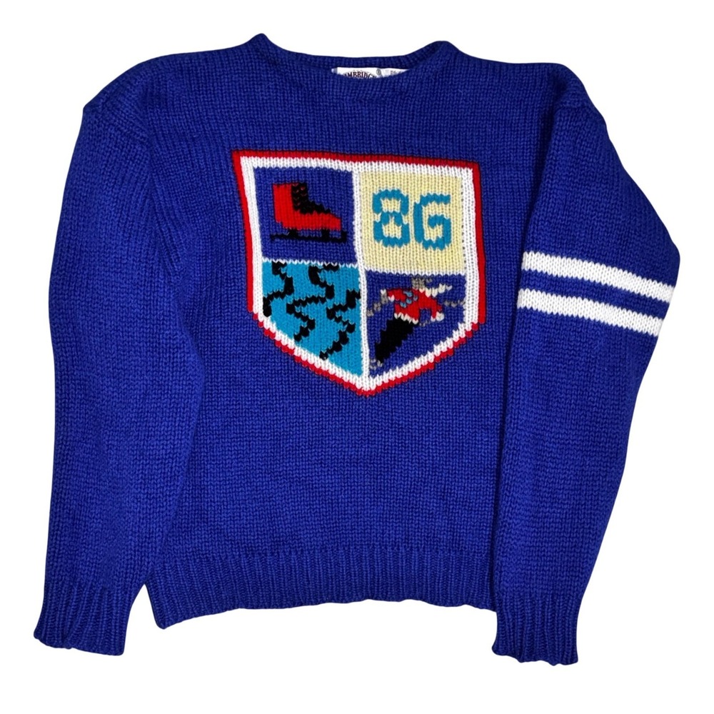 Cambridge Dry Goods Company Vintage L Royal Blue Crest Logo Wool Sweater